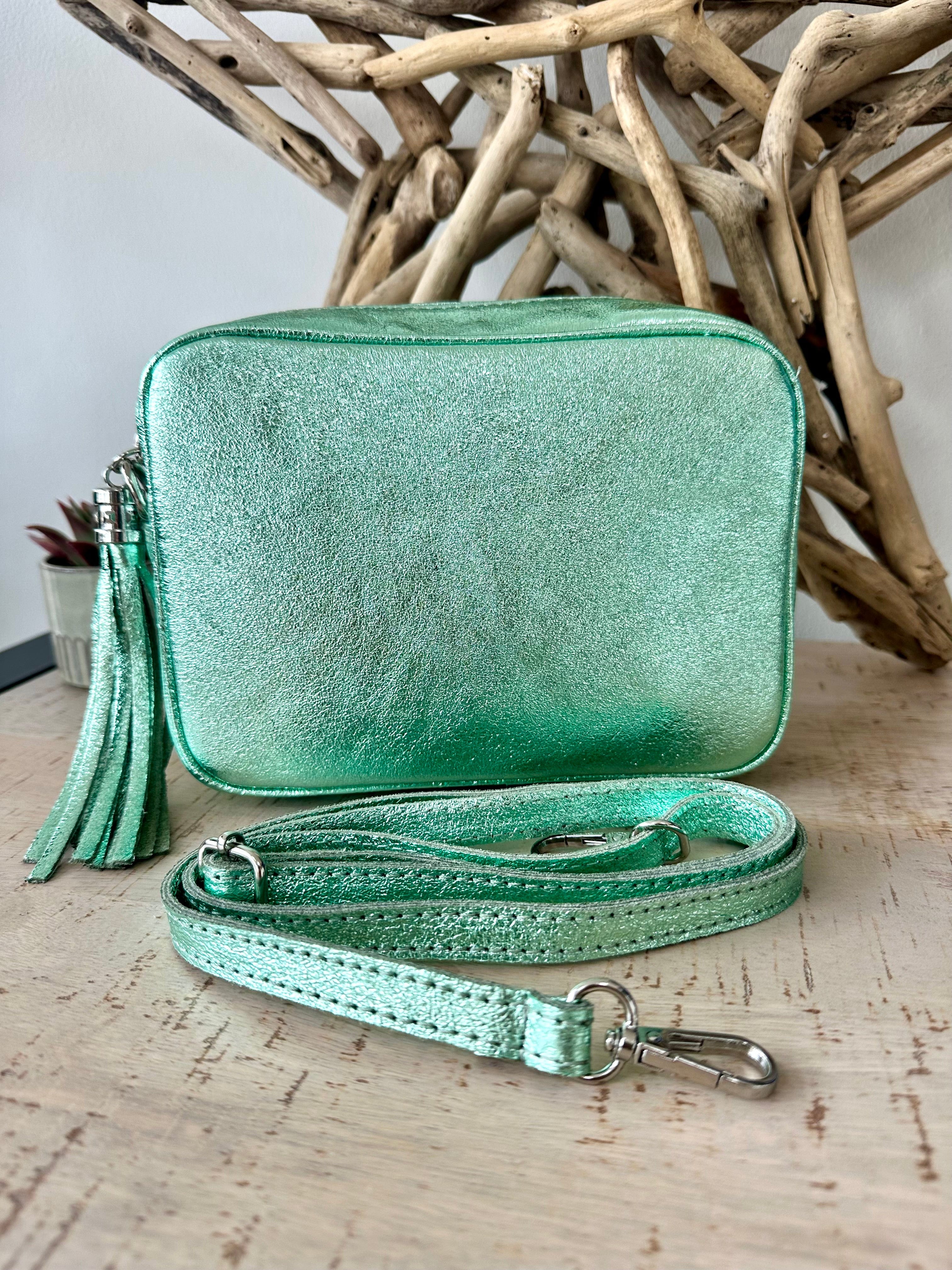 lusciousscarves Metallic Mint Green Italian Leather Camera Bag Style Crossbody Bag