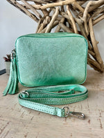 Load image into Gallery viewer, lusciousscarves Metallic Mint Green Italian Leather Camera Bag Style Crossbody Bag
