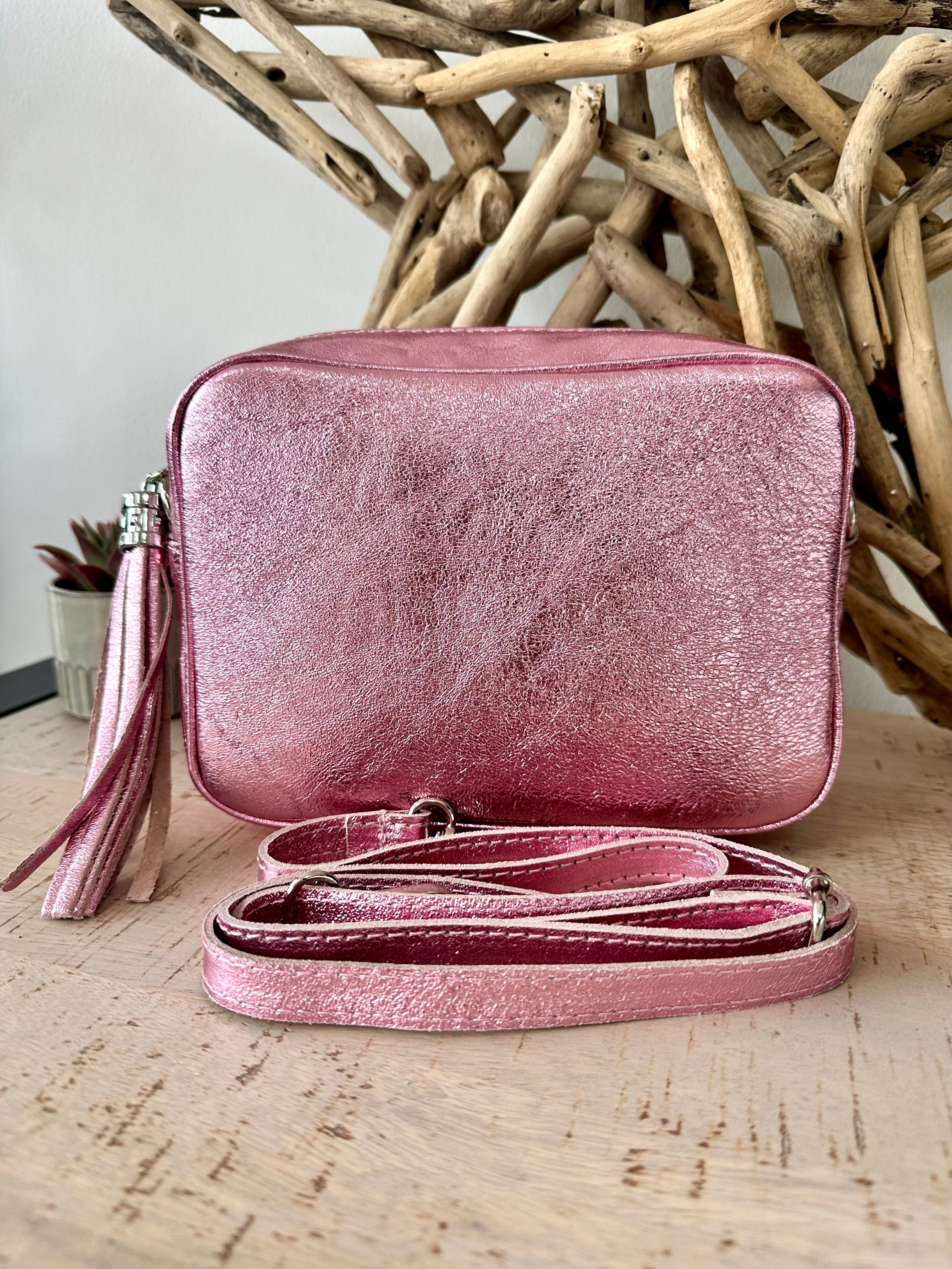 lusciousscarves Metallic Pale Pink Italian Leather Camera Bag Style Crossbody Bag