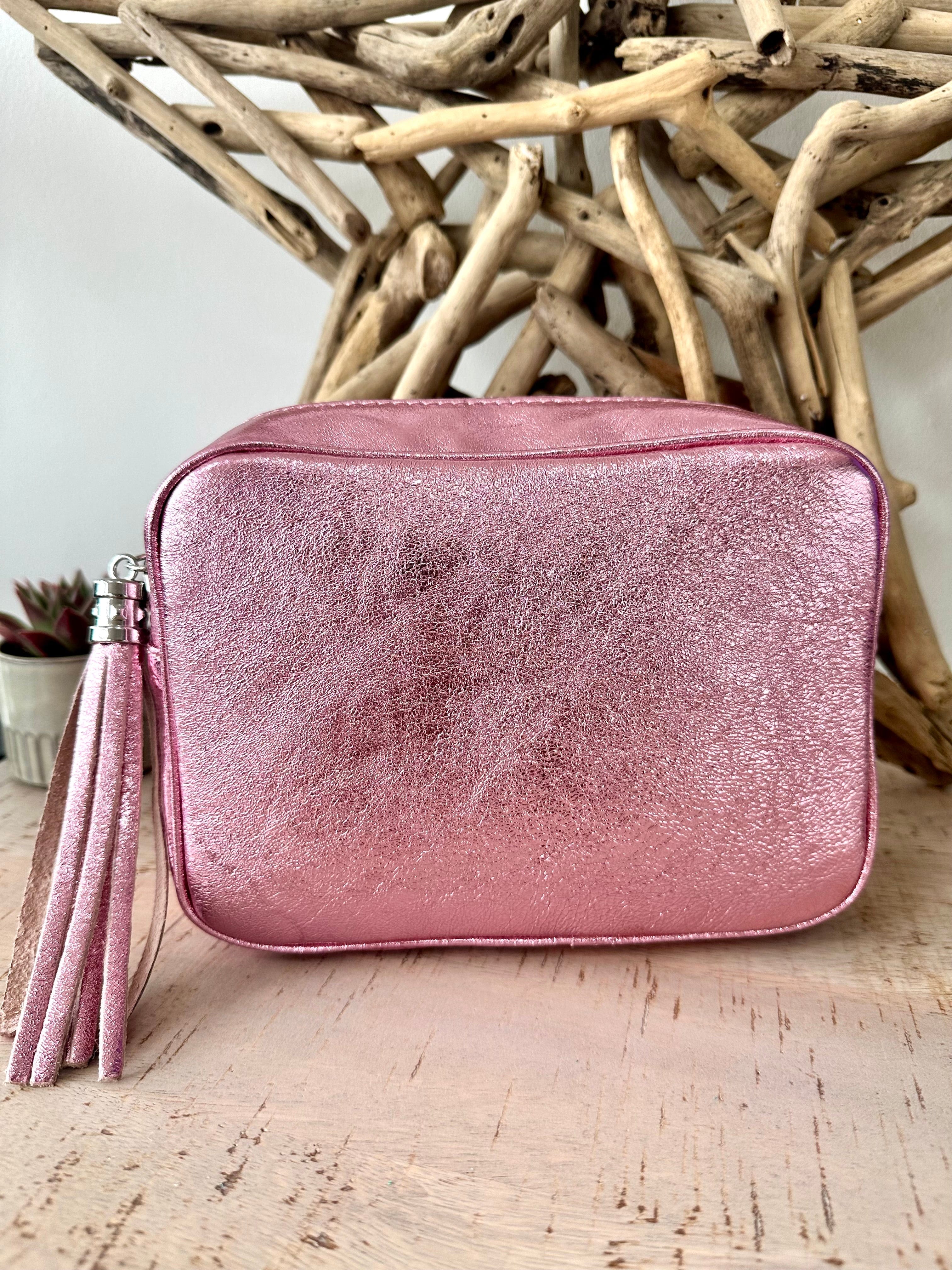 lusciousscarves Metallic Pale Pink Italian Leather Camera Bag Style Crossbody Bag Summer Range