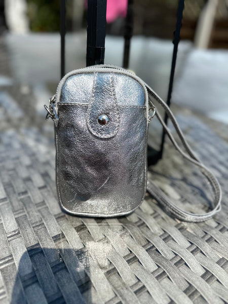 Metallic Pewter Grey Italian Leather Small Crossbody Phone Bag