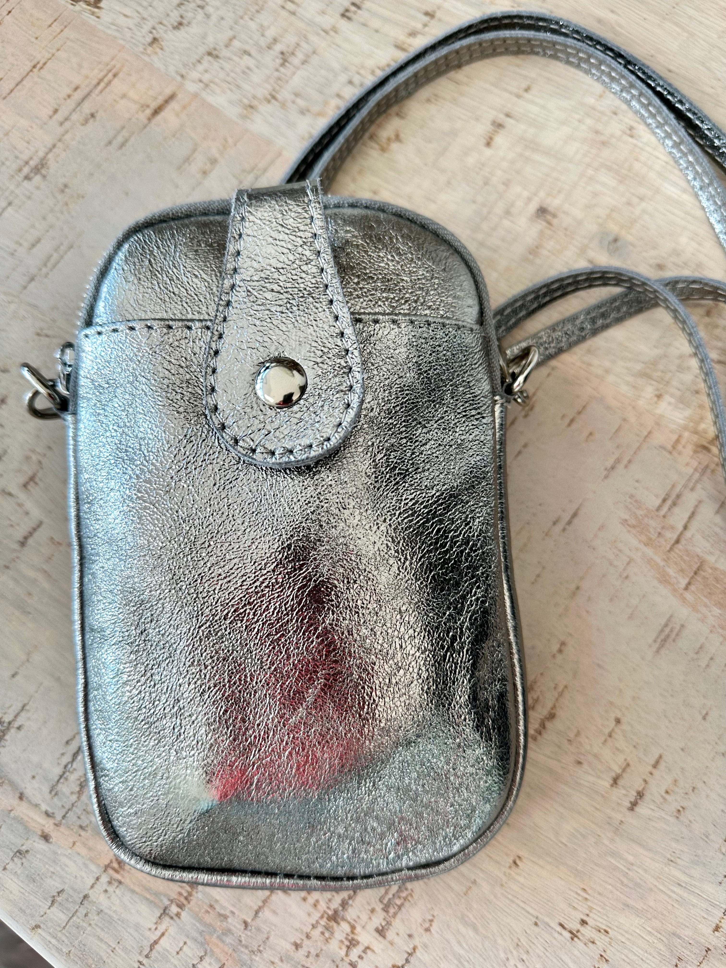 lusciousscarves Metallic Pewter Grey Italian Leather Small Crossbody Phone Bag