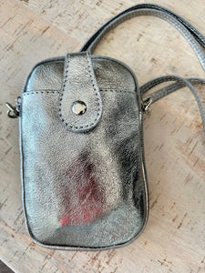 Metallic Pewter Grey Italian Leather Small Crossbody Phone Bag luscious scarves