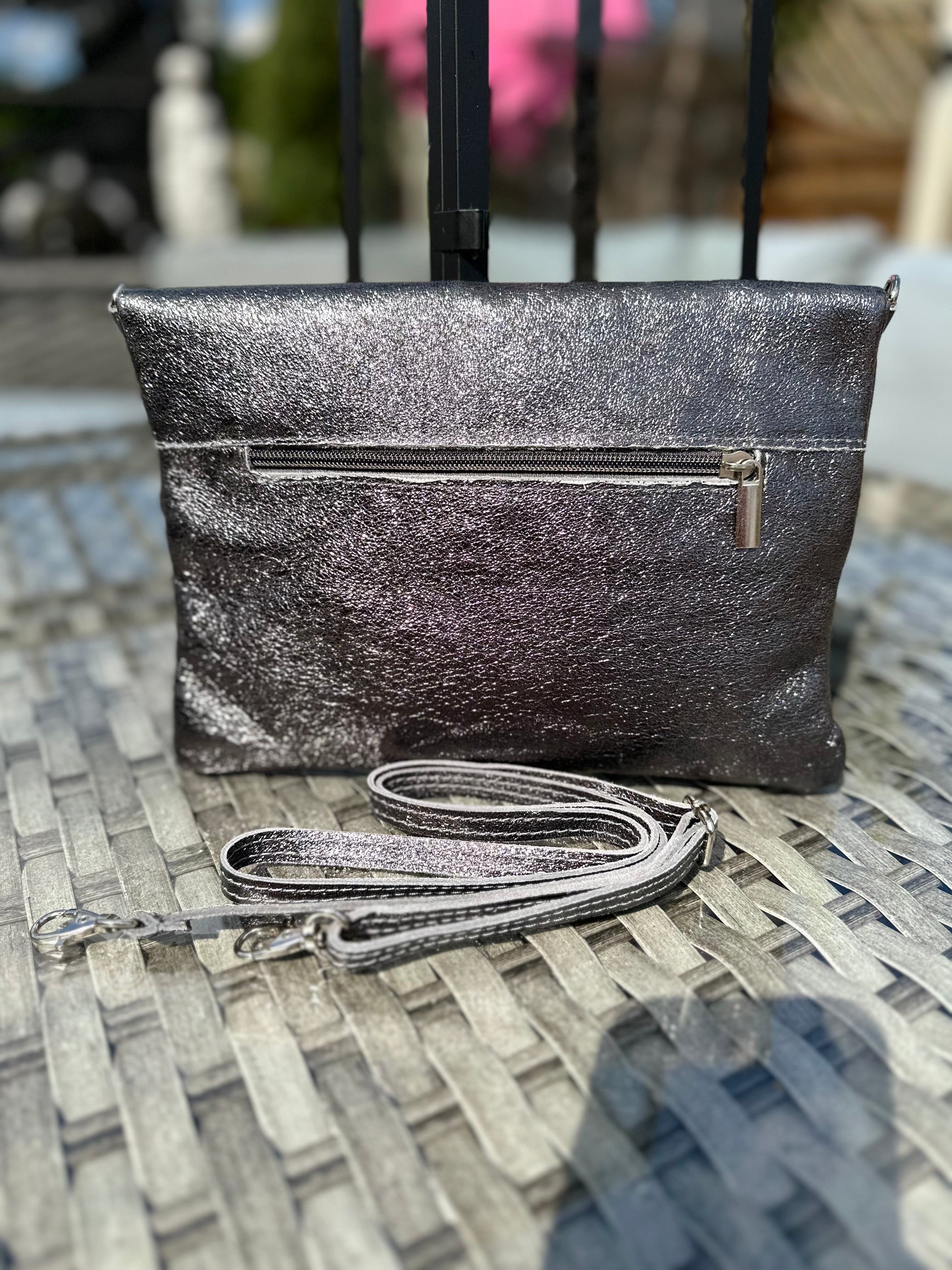 lusciousscarves Metallic Pewter Grey Leather Clutch Bag