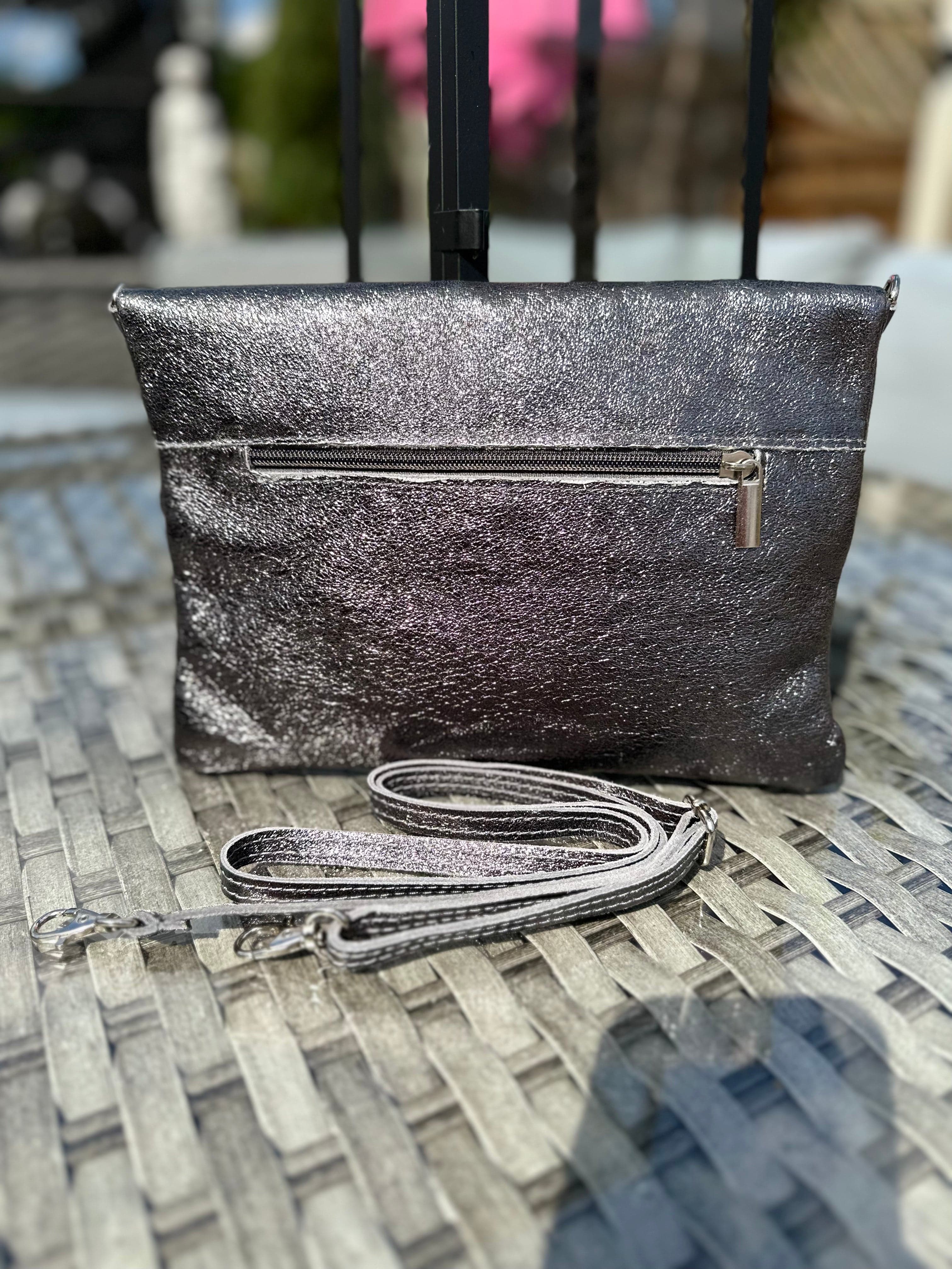 Metallic Pewter Grey Leather Clutch Bag lusciousscarves