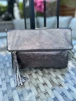 Load image into Gallery viewer, lusciousscarves Metallic Pewter Grey Leather Clutch Bag

