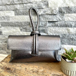 Load image into Gallery viewer, lusciousscarves Metallic Pewter Italian Leather Clutch Bag with Loop Handle
