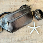Load image into Gallery viewer, lusciousscarves Metallic Pewter Italian Leather Medium Size Sling Bag / Bum Bag with Clip On Zip Purse, 7 Colours available.
