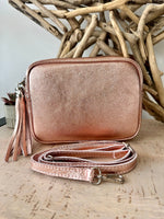 Load image into Gallery viewer, lusciousscarves Metallic Rose Gold Italian Leather Camera Bag Style Crossbody Bag
