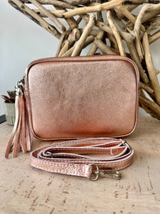 lusciousscarves Metallic Rose Gold Italian Leather Camera Bag Style Crossbody Bag
