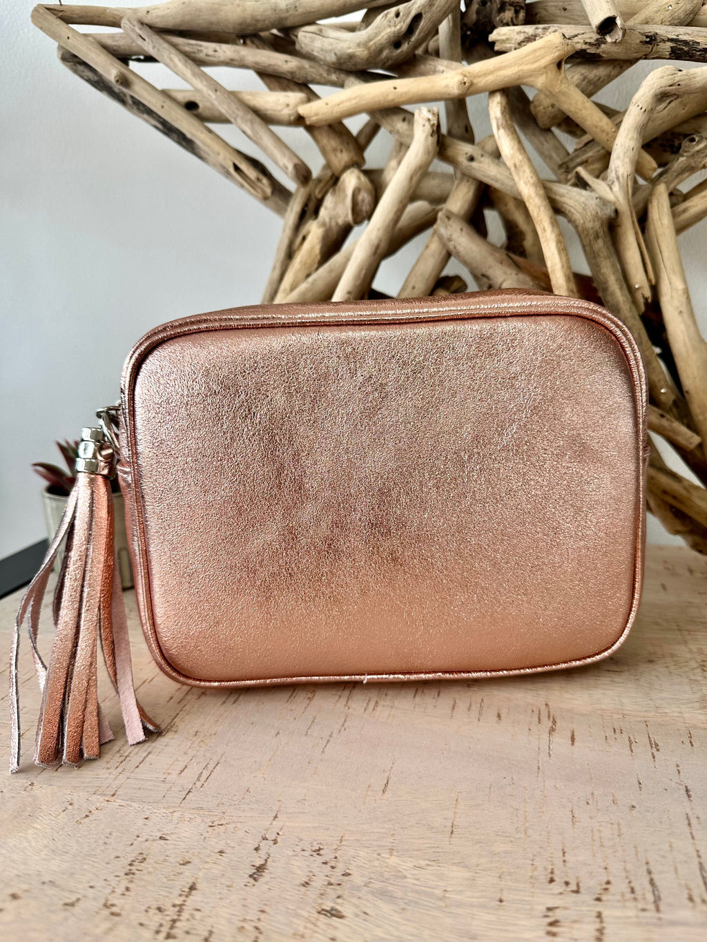 lusciousscarves Metallic Rose Gold Italian Leather Camera Bag Style Crossbody Bag