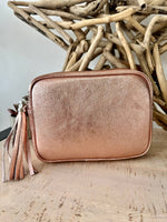 Load image into Gallery viewer, lusciousscarves Metallic Rose Gold Italian Leather Camera Bag Style Crossbody Bag
