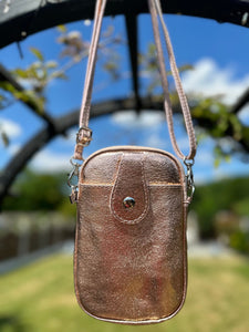 Metallic Rose Gold Italian Leather Small Crossbody Phone Bag