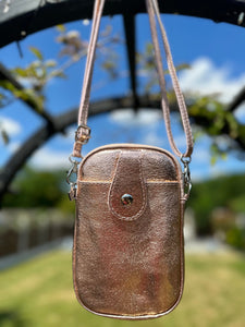 lusciousscarves Metallic Rose Gold Italian Leather Small Crossbody Phone Bag