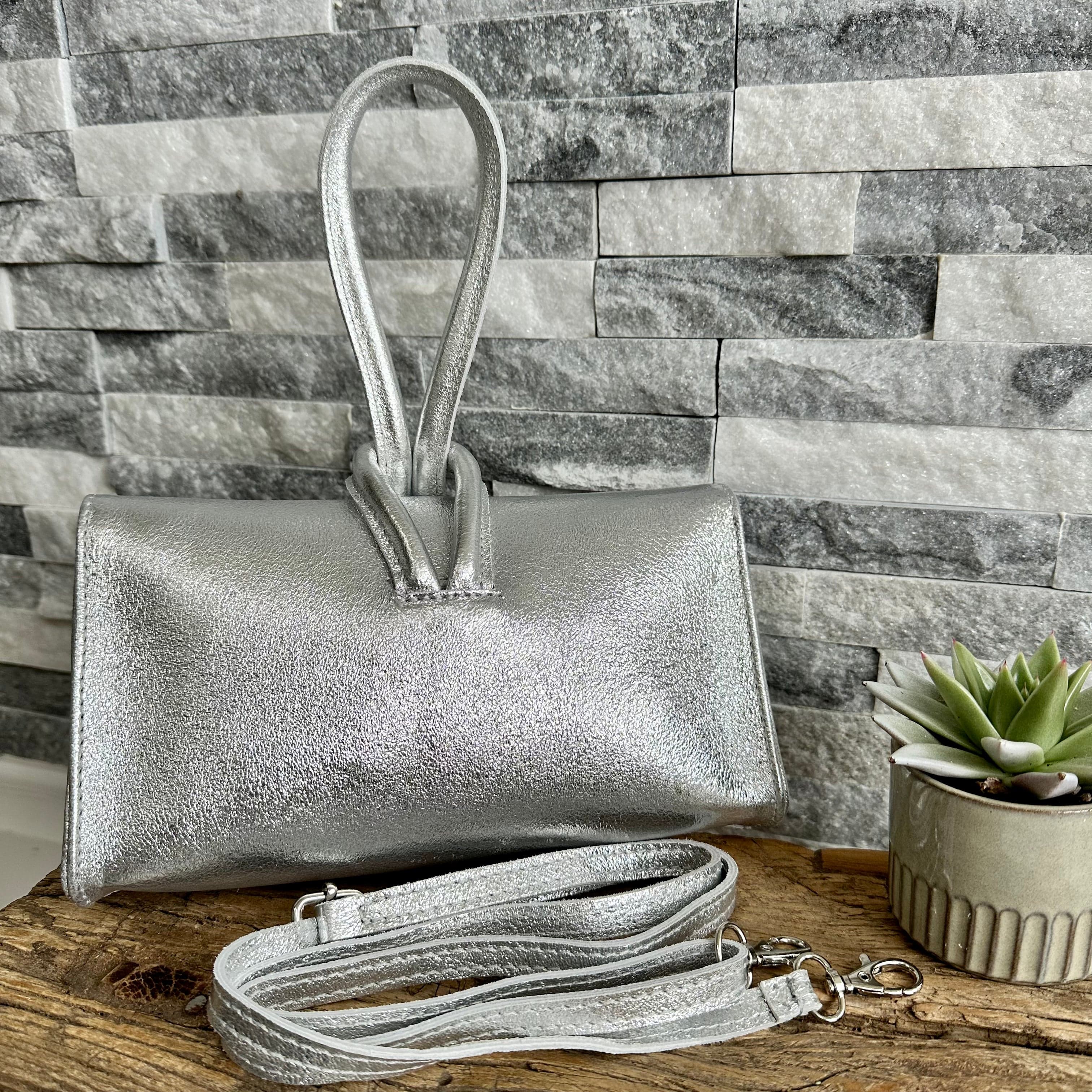 lusciousscarves Metallic Silver Clutch Bag with Loop Handle