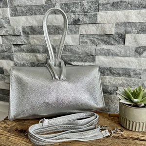 Metallic Silver Clutch Bag Evening Bag with Loop Handle