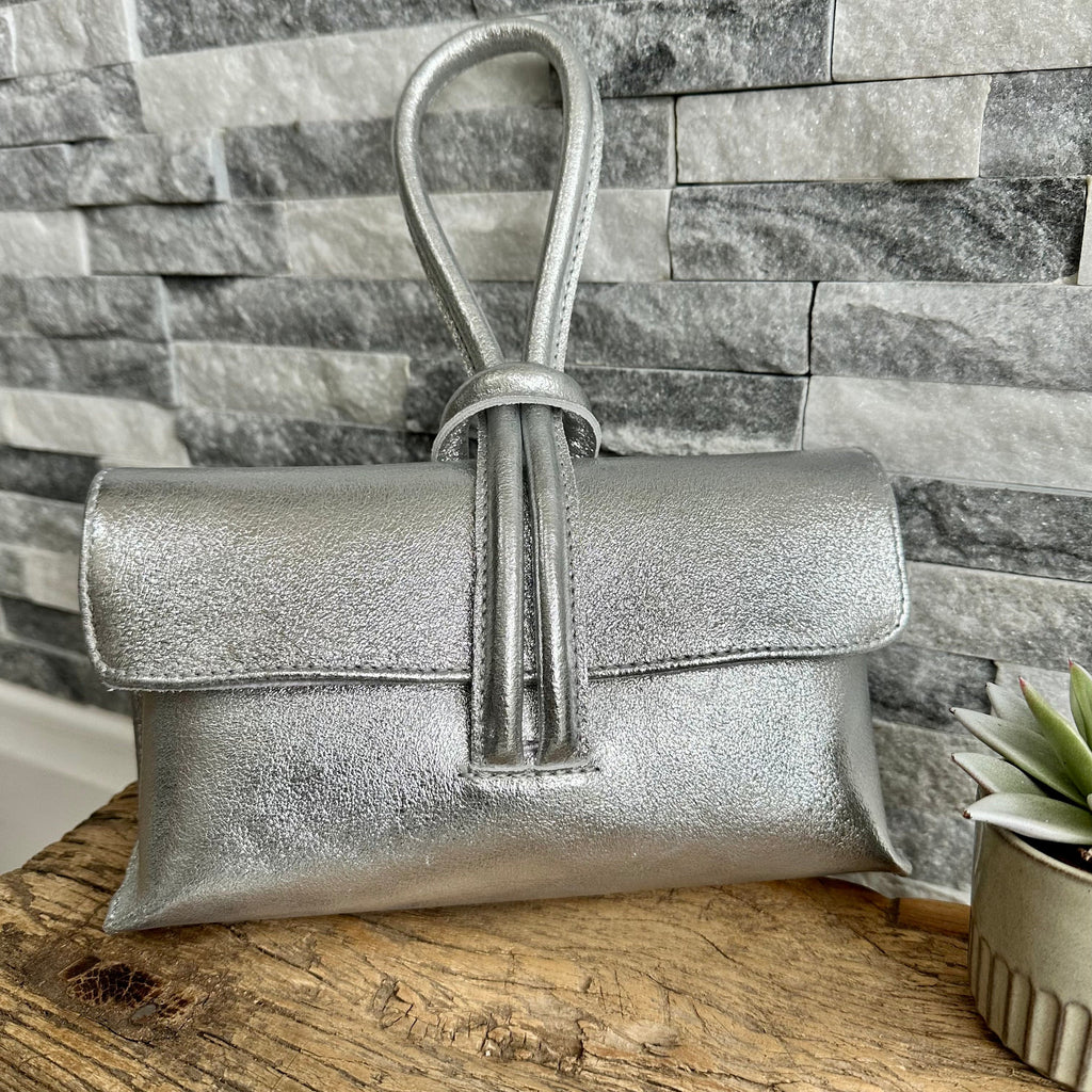 lusciousscarves Metallic Silver Clutch Bag with Loop Handle