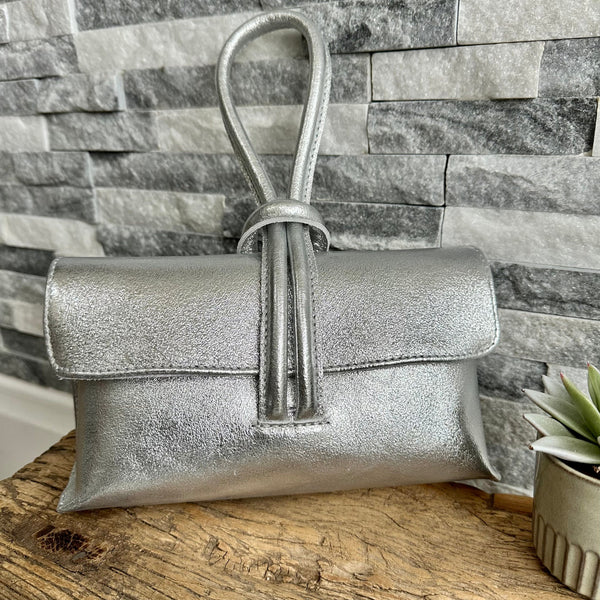 Silver leather evening bag hotsell