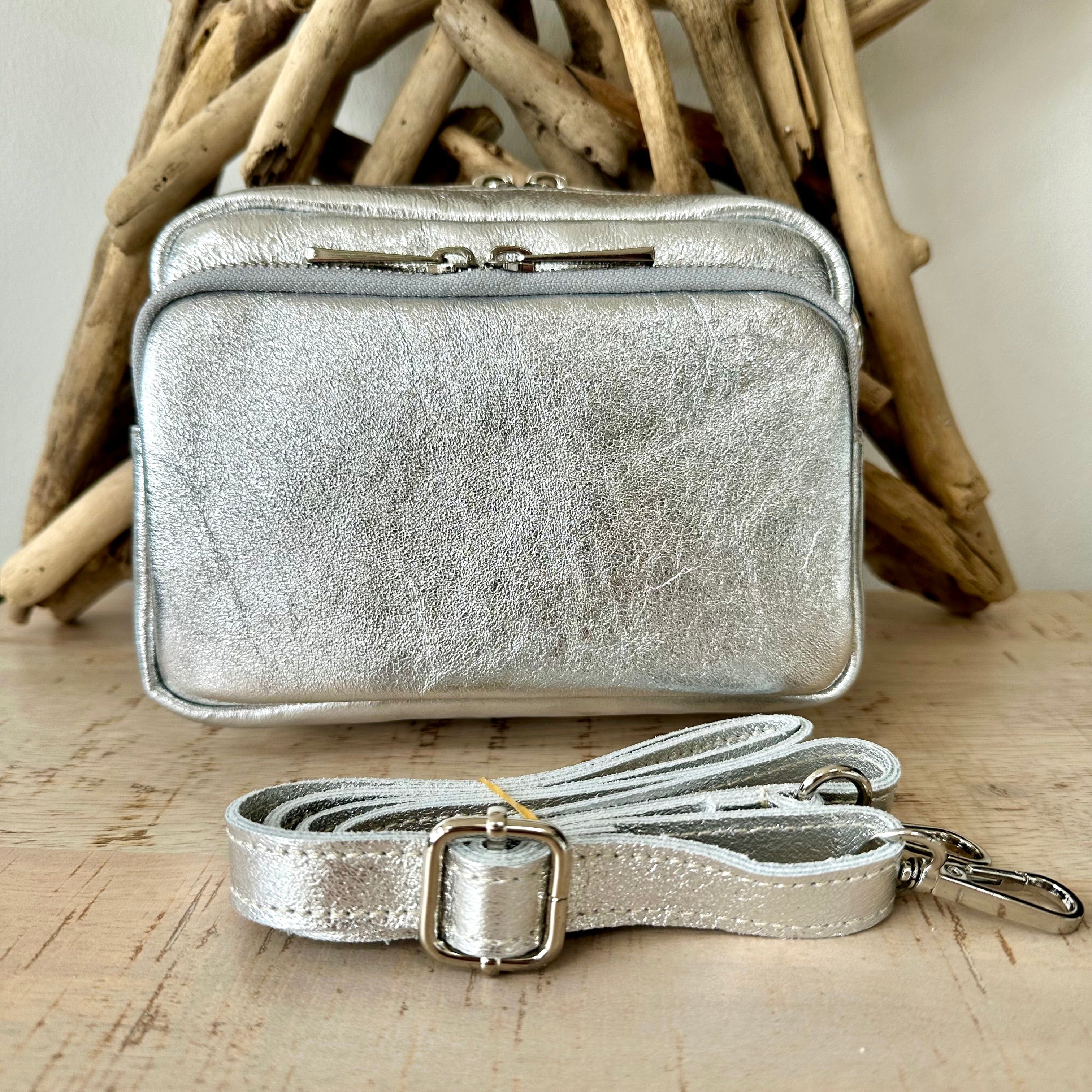 lusciousscarves Metallic Silver Italian Leather Crossbody Camera Bag with Double Zip , Front Pocket Compartment, 10 Colours available.
