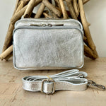 Load image into Gallery viewer, lusciousscarves Metallic Silver Italian Leather Crossbody Camera Bag with Double Zip , Front Pocket Compartment, 10 Colours available.
