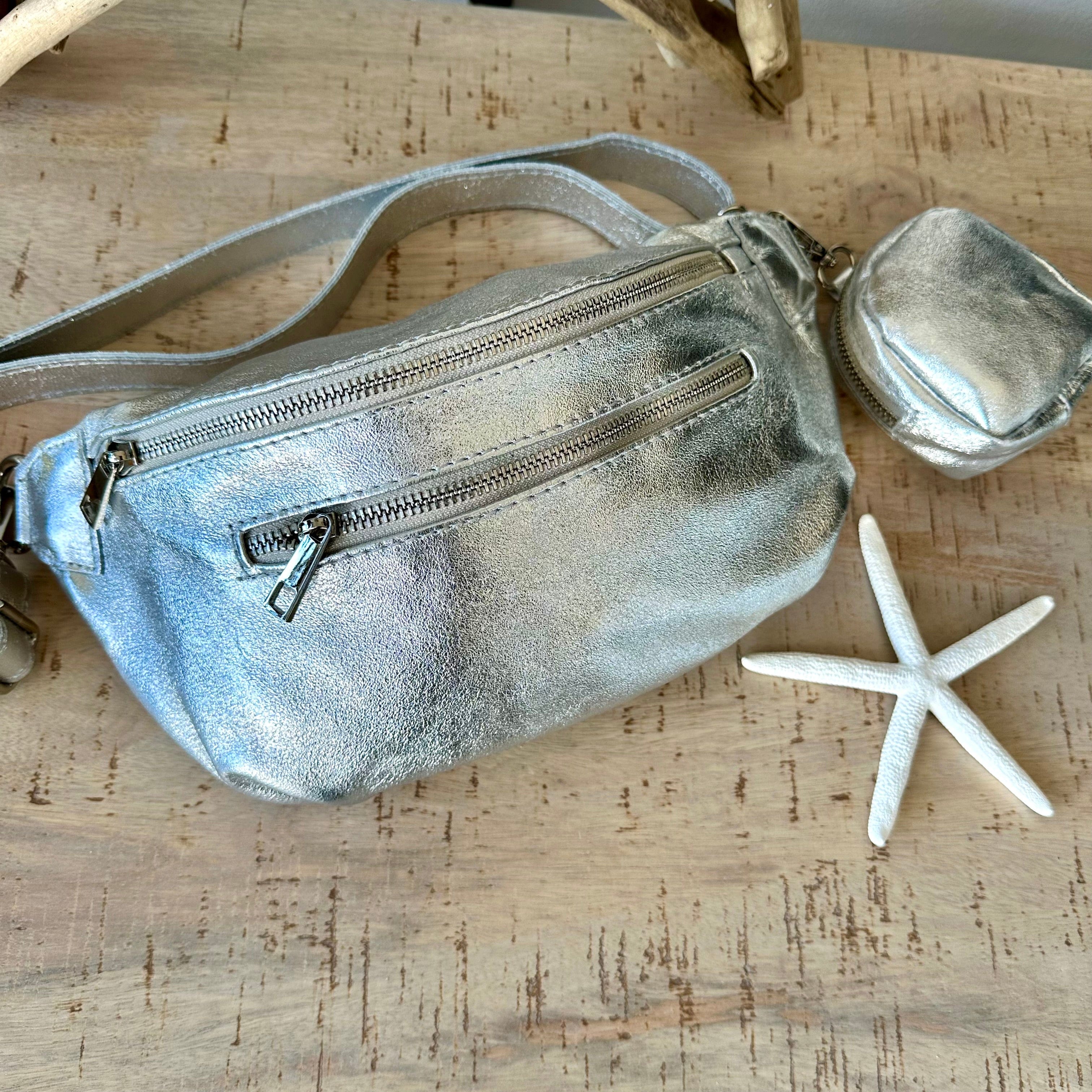 lusciousscarves Metallic Silver Italian Leather Medium Size Sling Bag / Bum Bag with Clip On Zip Purse, 7 Colours available.