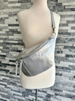 Load image into Gallery viewer, lusciousscarves Metallic Silver Italian Leather Sling Bag / Chest Bag
