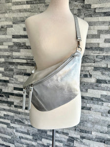 lusciousscarves Metallic Silver Italian Leather Sling Bag / Chest Bag