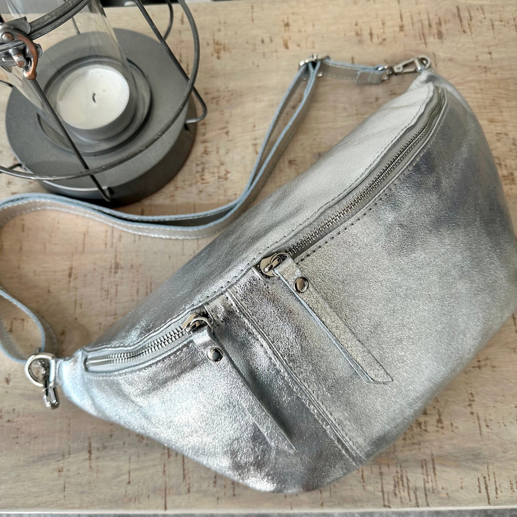 lusciousscarves Metallic Silver Italian Leather Sling Bag / Chest Bag