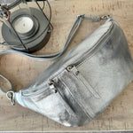 Load image into Gallery viewer, lusciousscarves Metallic Silver Italian Leather Sling Bag / Chest Bag
