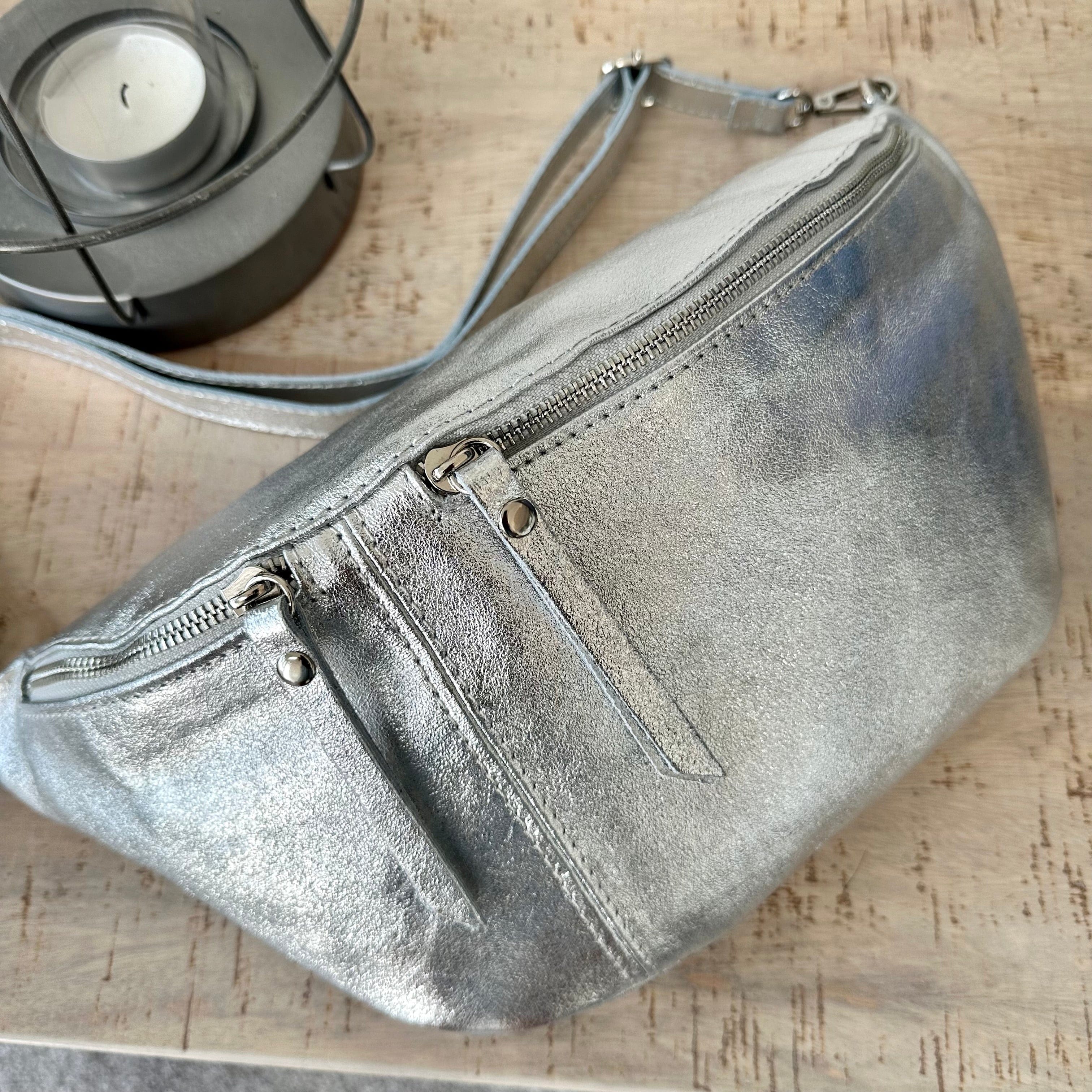 lusciousscarves Metallic Silver Italian Leather Sling Bag / Chest Bag