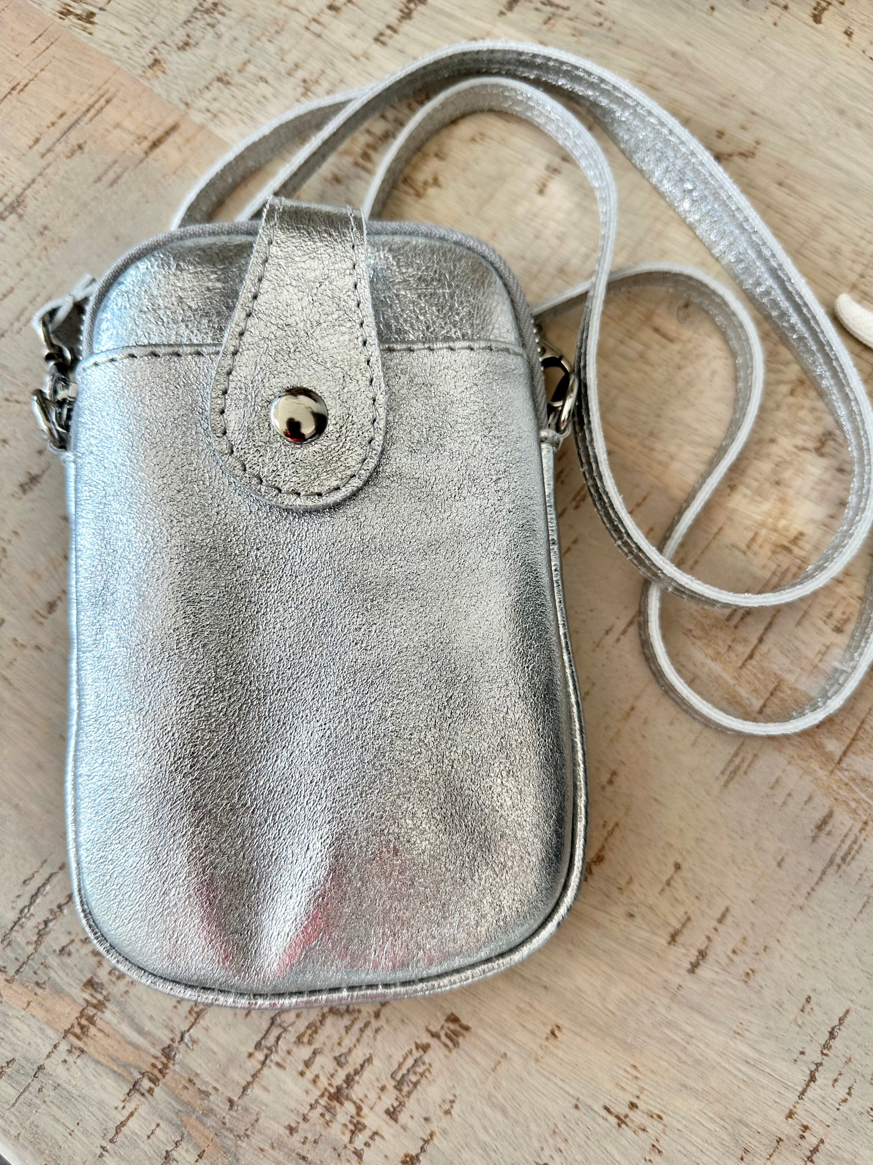 lusciousscarves Metallic silver Italian Leather Small Crossbody Phone Bag