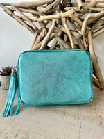Load image into Gallery viewer, lusciousscarves Metallic Turquoise Italian Leather Camera Bag Style Crossbody Bag
