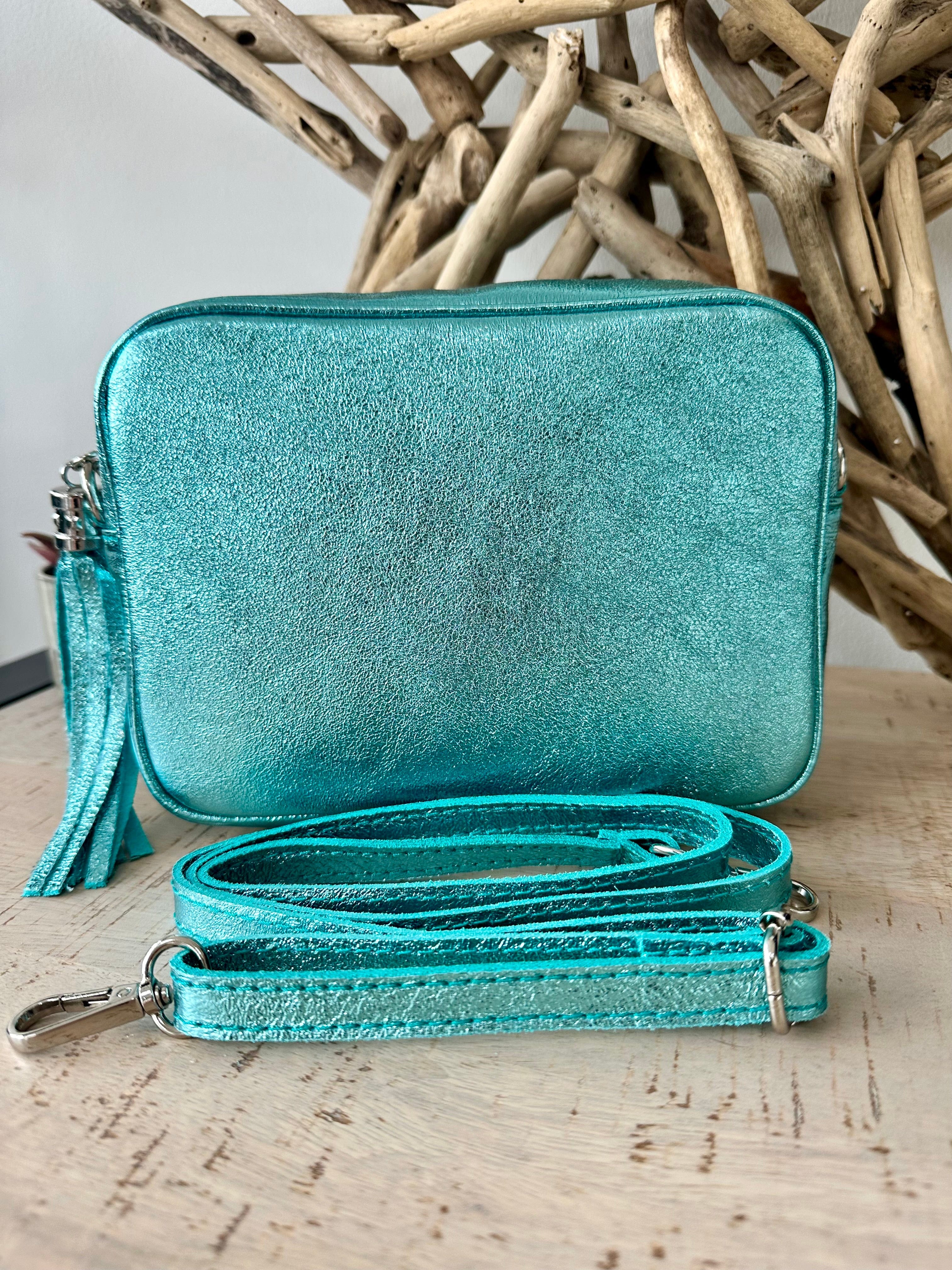 lusciousscarves Metallic Turquoise Italian Leather Camera Bag Style Crossbody Bag