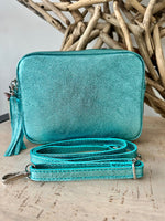 Load image into Gallery viewer, lusciousscarves Metallic Turquoise Italian Leather Camera Bag Style Crossbody Bag
