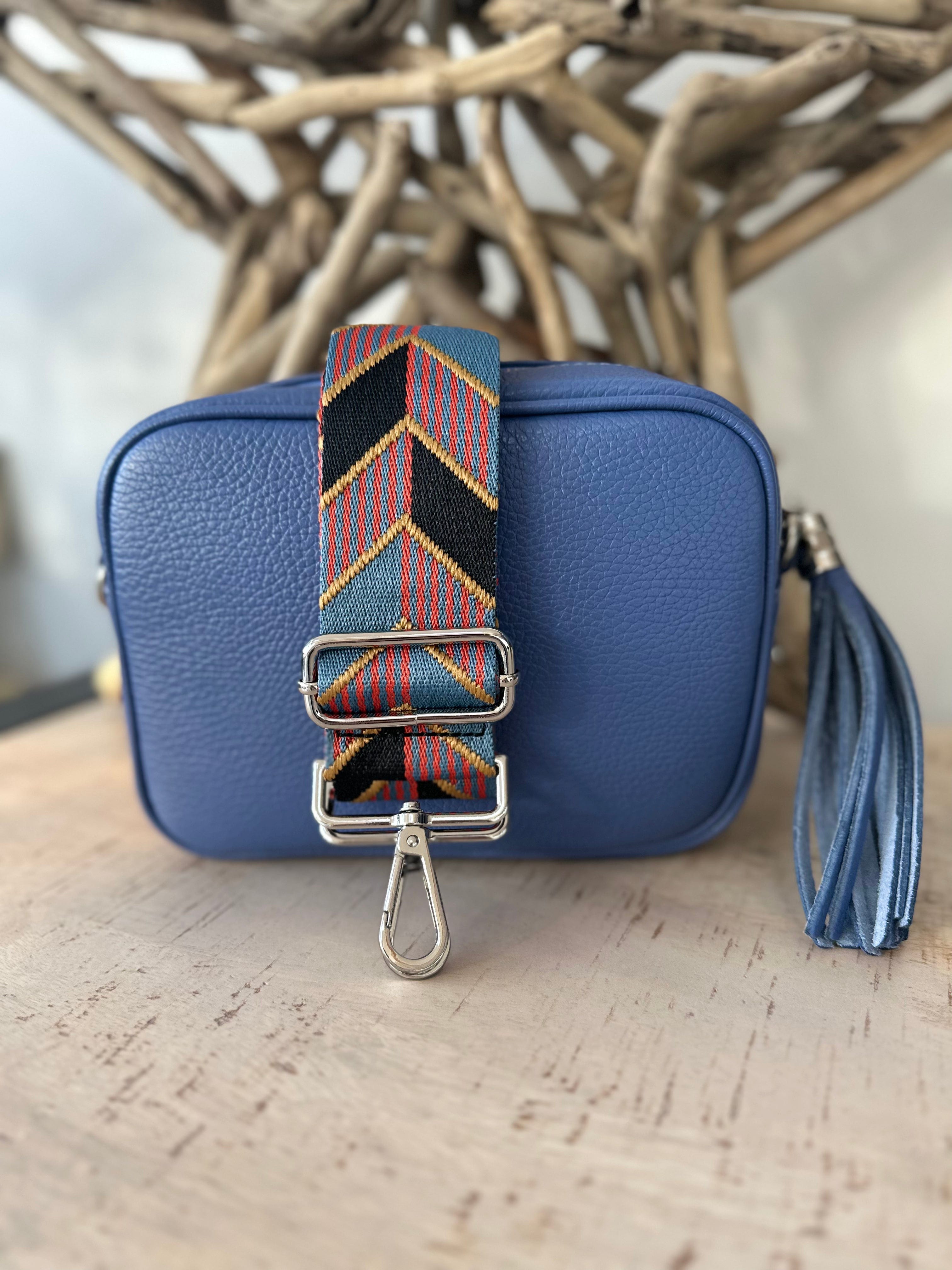 lusciousscarves Mid Blue Italian Leather Camera Bag and Strap Combo
