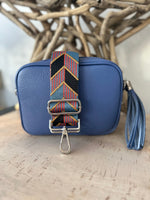 Load image into Gallery viewer, lusciousscarves Mid Blue Italian Leather Camera Bag and Strap Combo
