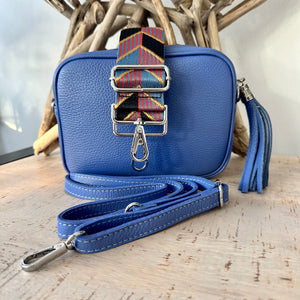 Navy leather shop camera bag