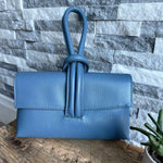 Load image into Gallery viewer, lusciousscarves Mid Denim Blue Italian Leather Clutch Bag.
