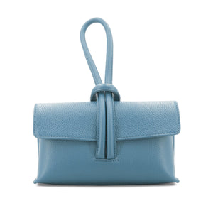 lusciousscarves Mid Denim Blue Italian Leather Clutch Bag, Evening Bag with Loop Handle