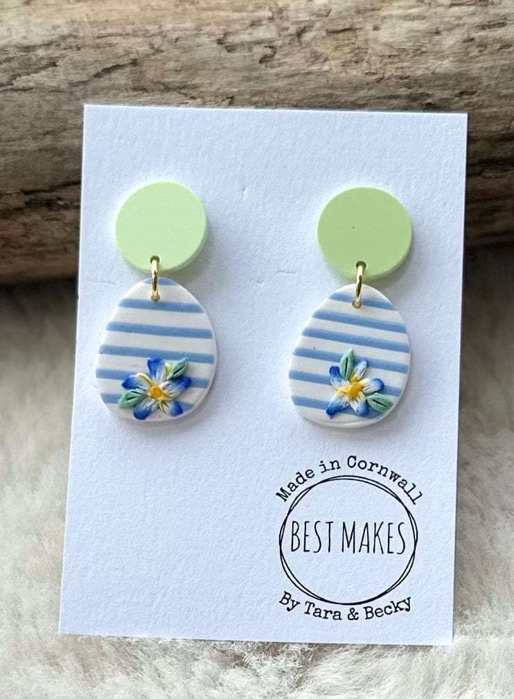 lusciousscarves Mint green and Pastel Blue Stripes Forget me Not Flower Earrings, Handmade in Cornwall.