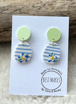 Load image into Gallery viewer, lusciousscarves Mint green and Pastel Blue Stripes Forget me Not Flower Earrings, Handmade in Cornwall.
