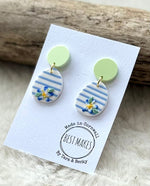 Load image into Gallery viewer, lusciousscarves Mint green and Pastel Blue Stripes Forget me Not Flower Earrings, Handmade in Cornwall.
