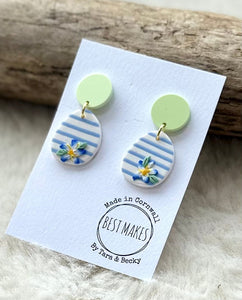 lusciousscarves Mint green and Pastel Blue Stripes Forget me Not Flower Earrings, Handmade in Cornwall.