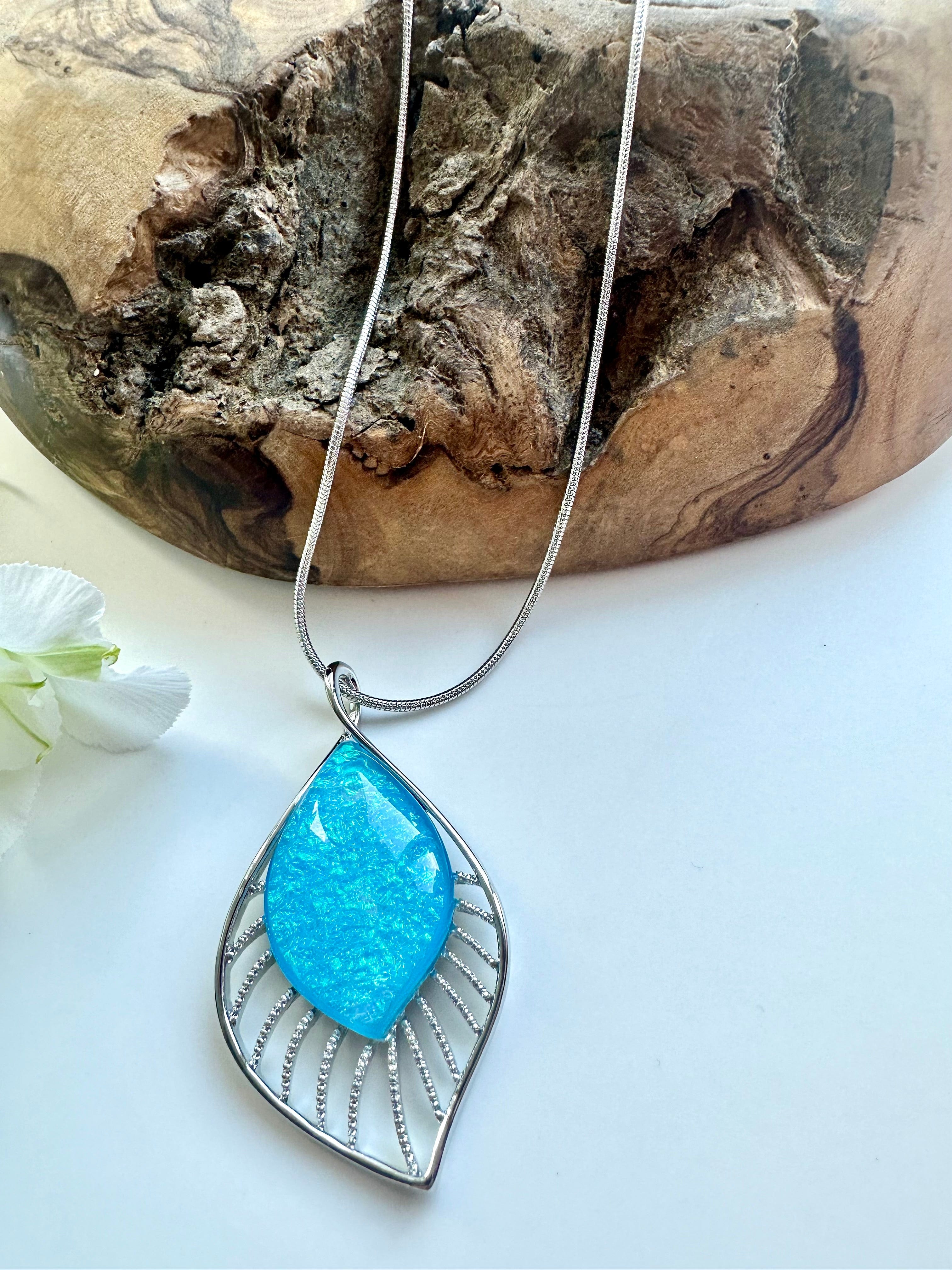 lusciousscarves Miss Milly Aqua Turquoise and Silver Resin Teardrop Pendant Necklace FN525