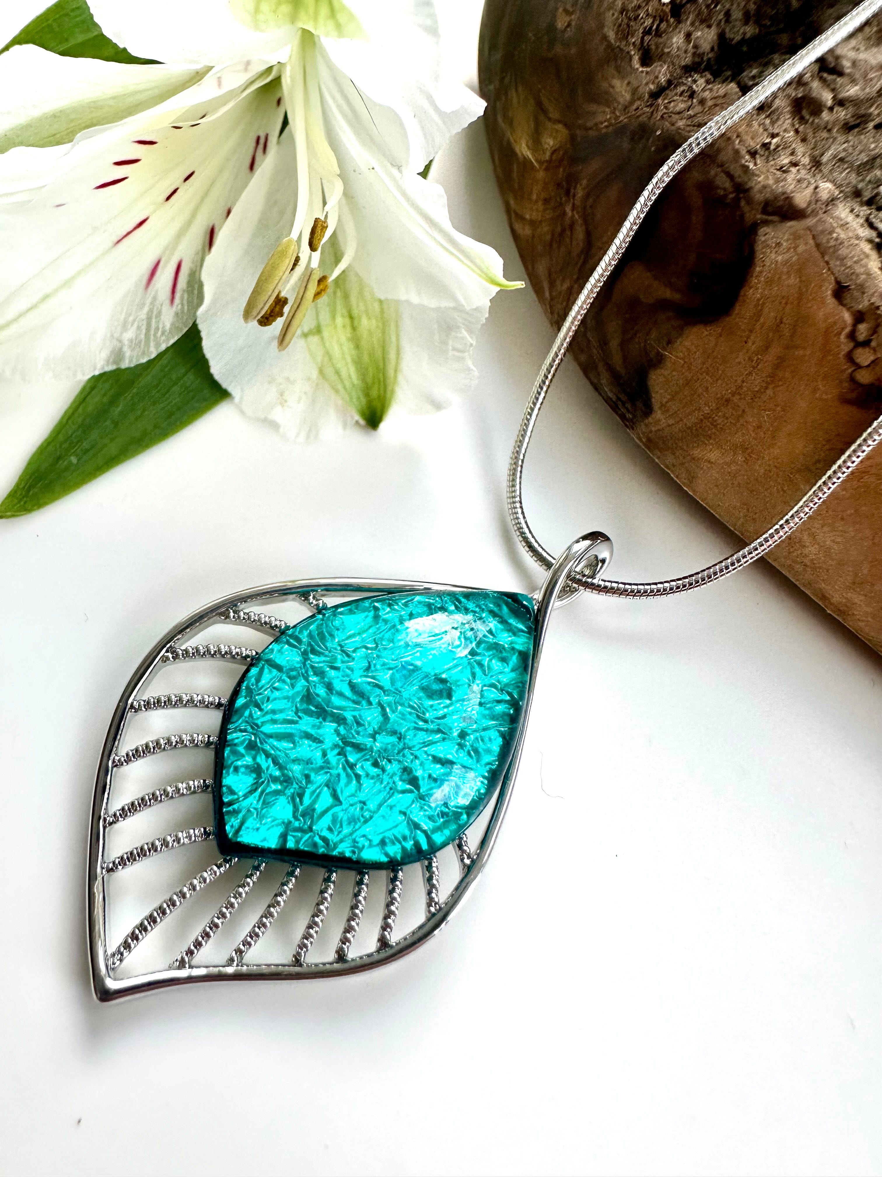 lusciousscarves Miss Milly Bright Turquoise Green and Silver Resin Teardrop Pendant Necklace FN525