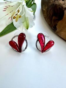 lusciousscarves Miss Milly Duo Red Heart Earrings Mounted on a Silver Loop . FE615