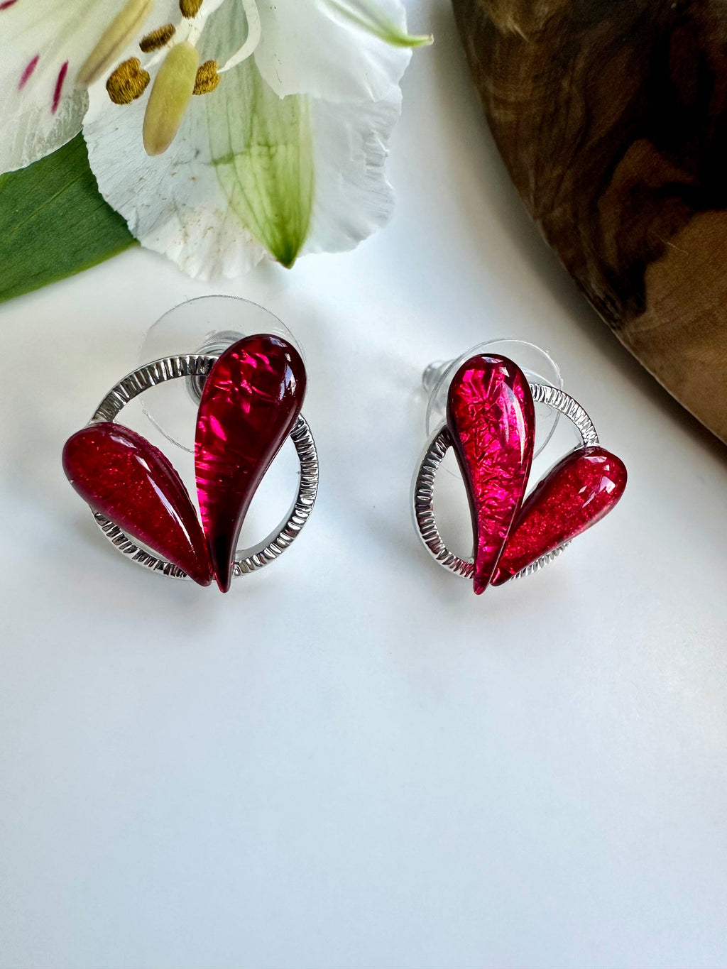 lusciousscarves Miss Milly Duo Red Heart Earrings Mounted on a Silver Loop . FE615