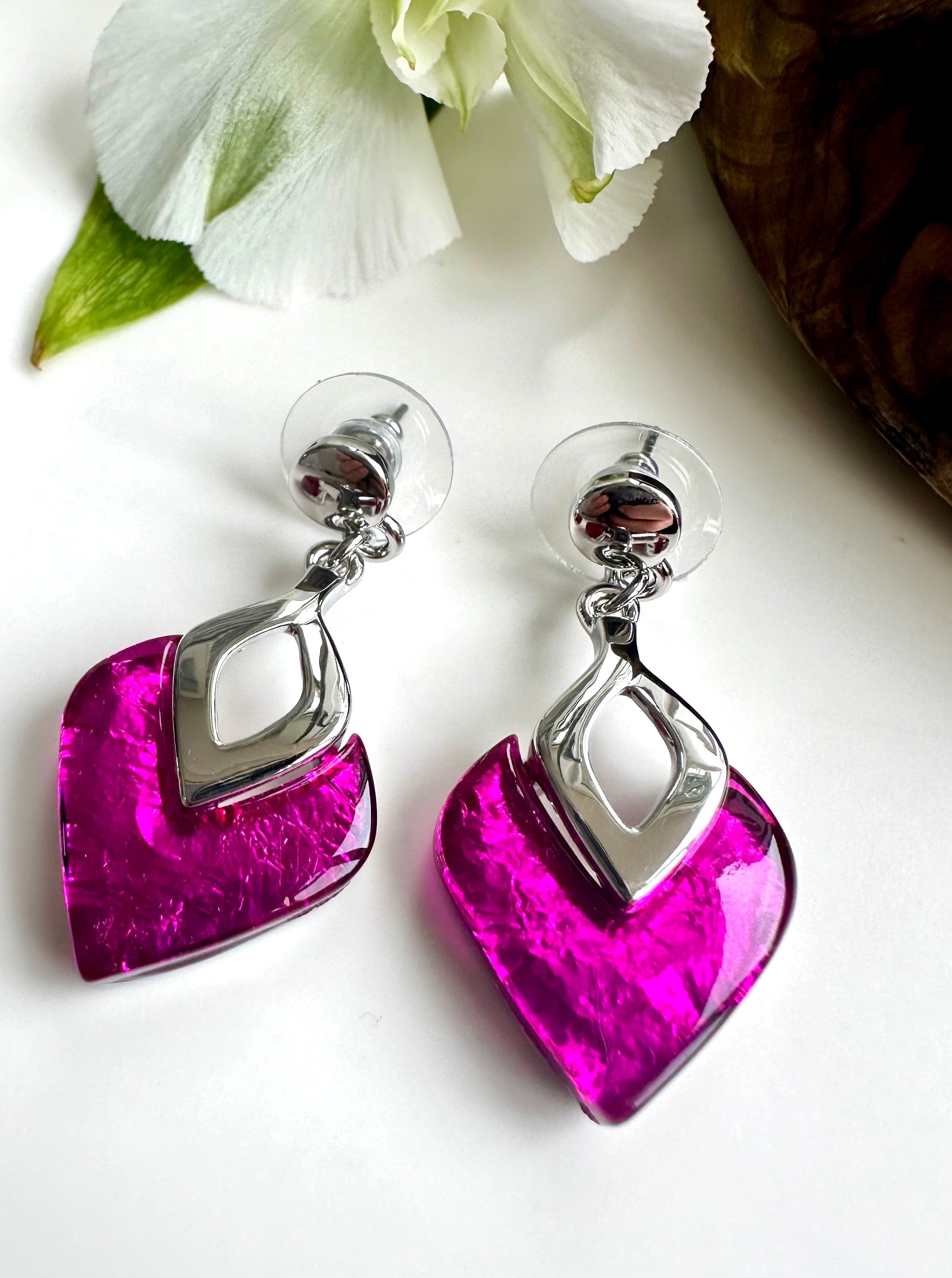 lusciousscarves Miss Milly Fuchsia Foil Resin Diamond Drop Earrings FE531