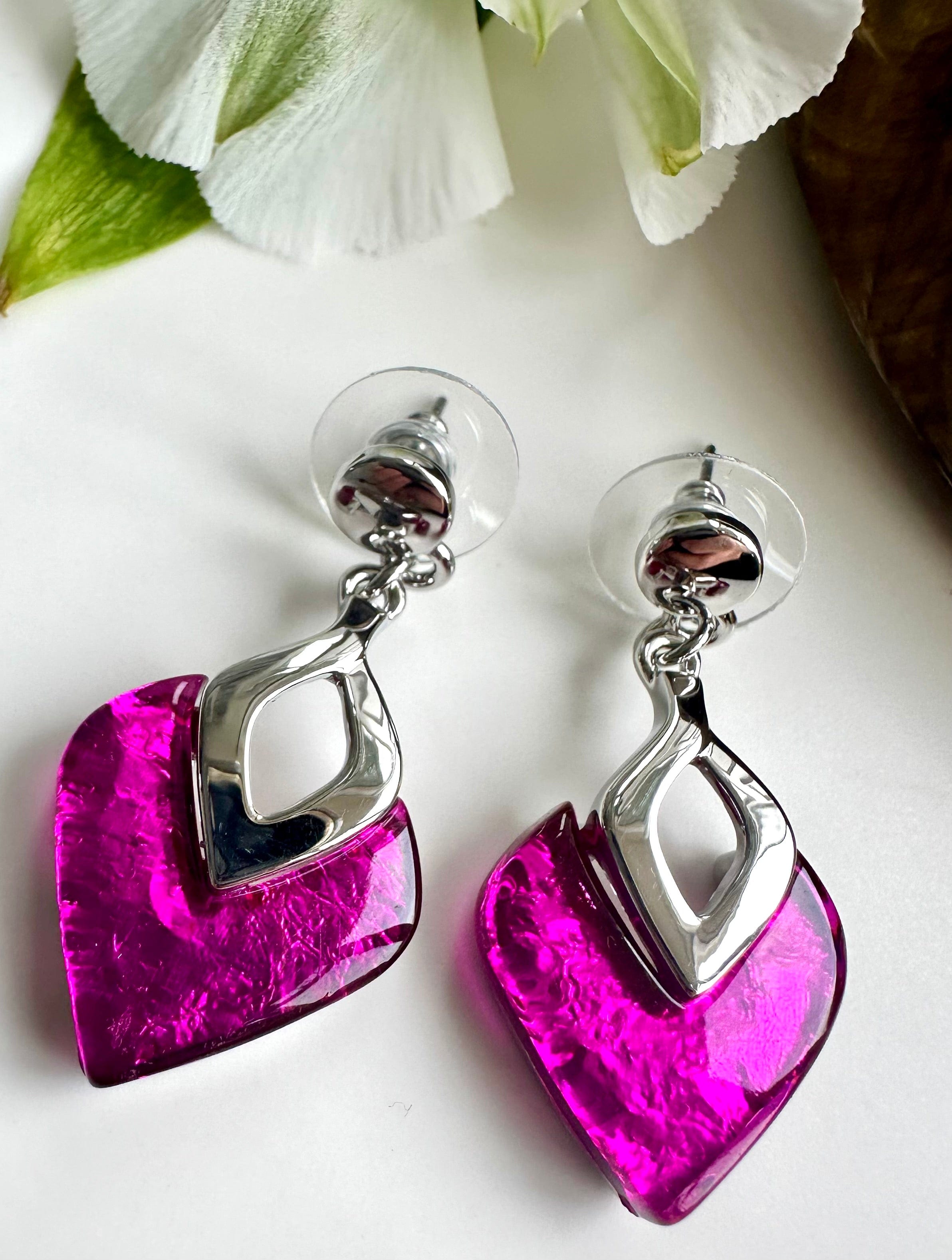 lusciousscarves Miss Milly Fuchsia Foil Resin Diamond Drop Earrings FE531
