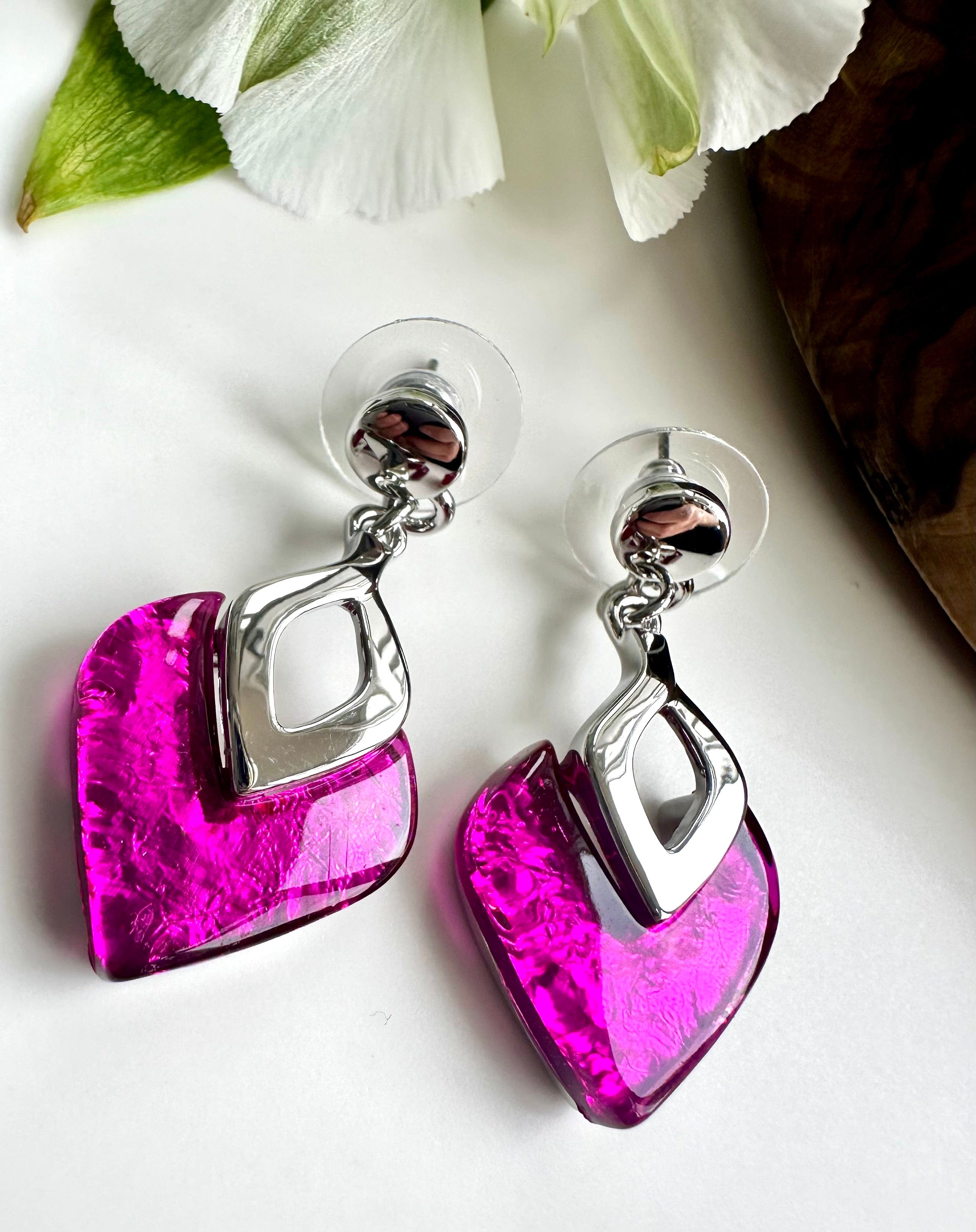 lusciousscarves Miss Milly Fuchsia Foil Resin Diamond Drop Earrings FE531